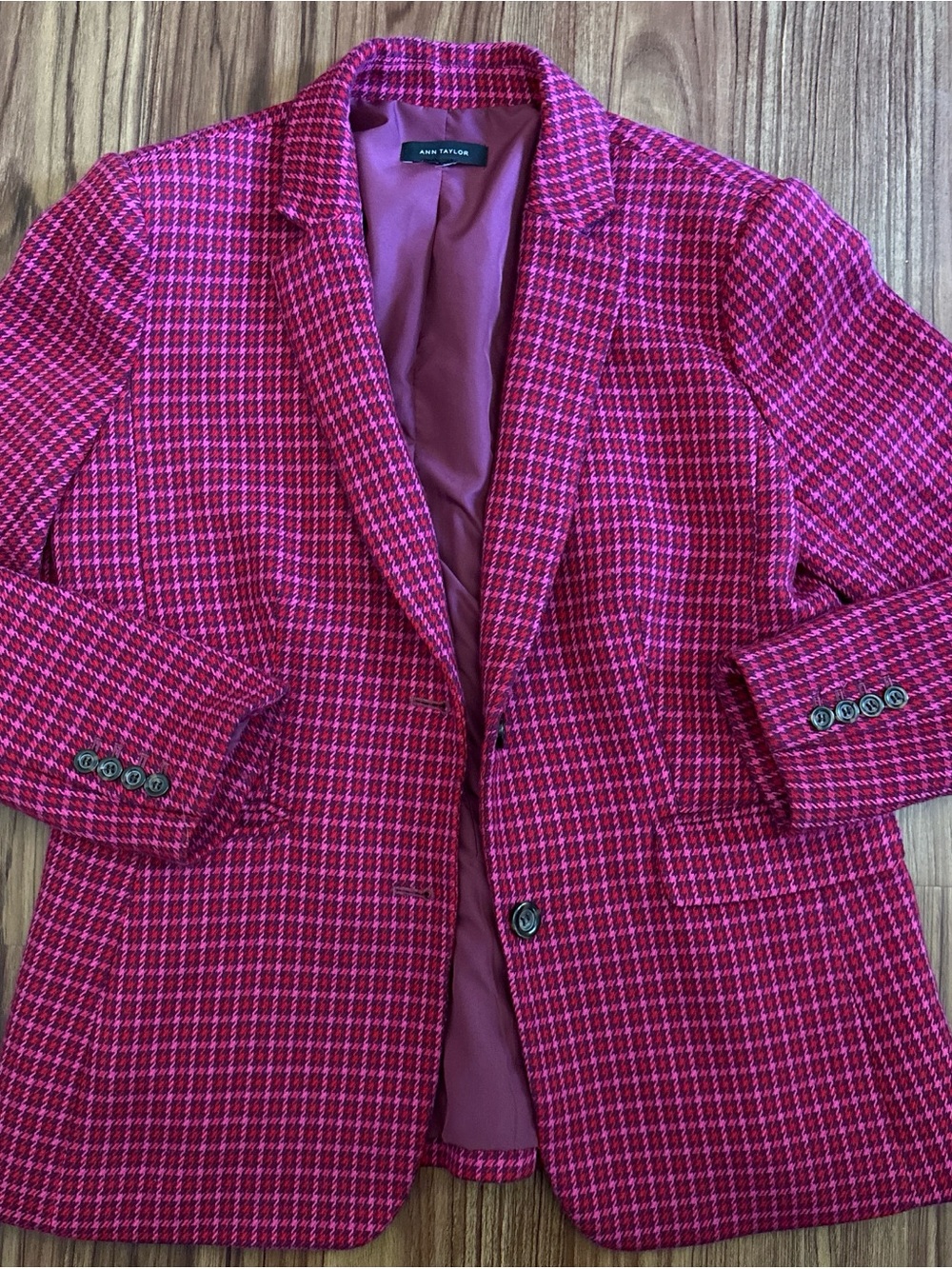 Ann Taylor Preppy Pink Plaid Blazer with Button Front